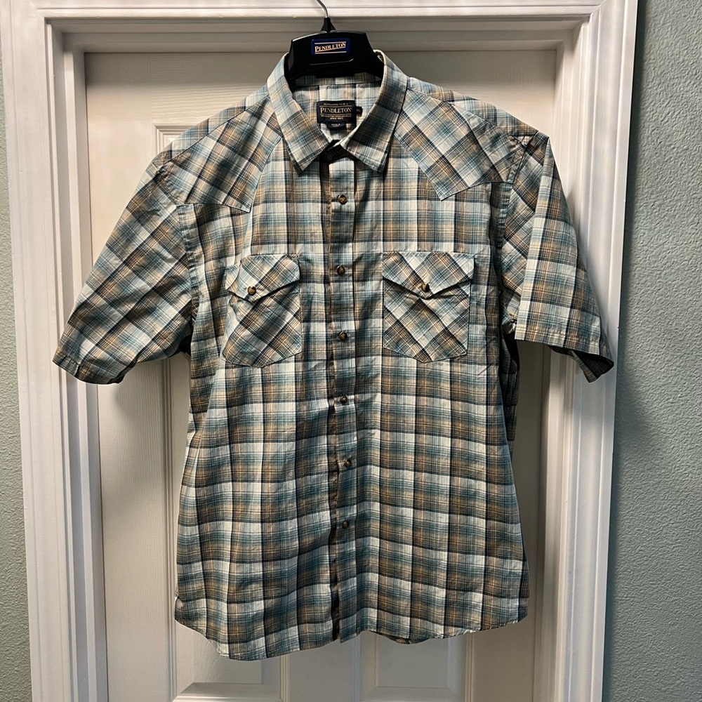 Pendleton Blue and Tan Plaid Button Down Shirt